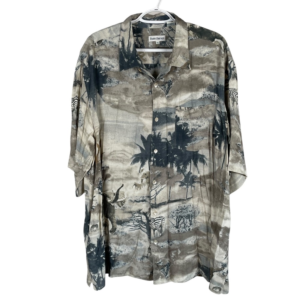 Vintage Barry Bricken African Safari Shirt Mens XL Beige Button Up Rayon S/S